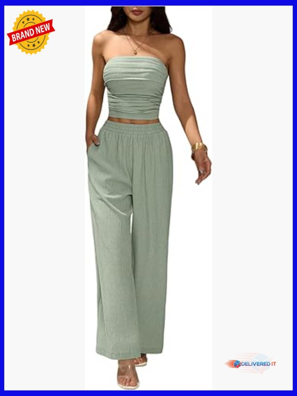 2 Piece Crop Top & Wide Leg Pants Set Casual Ruched Strapless Lounge